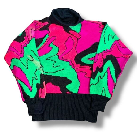 Vintage 80s Ski Sweater Neon Abstract Art Black Pink Turtleneck Cropped Knit